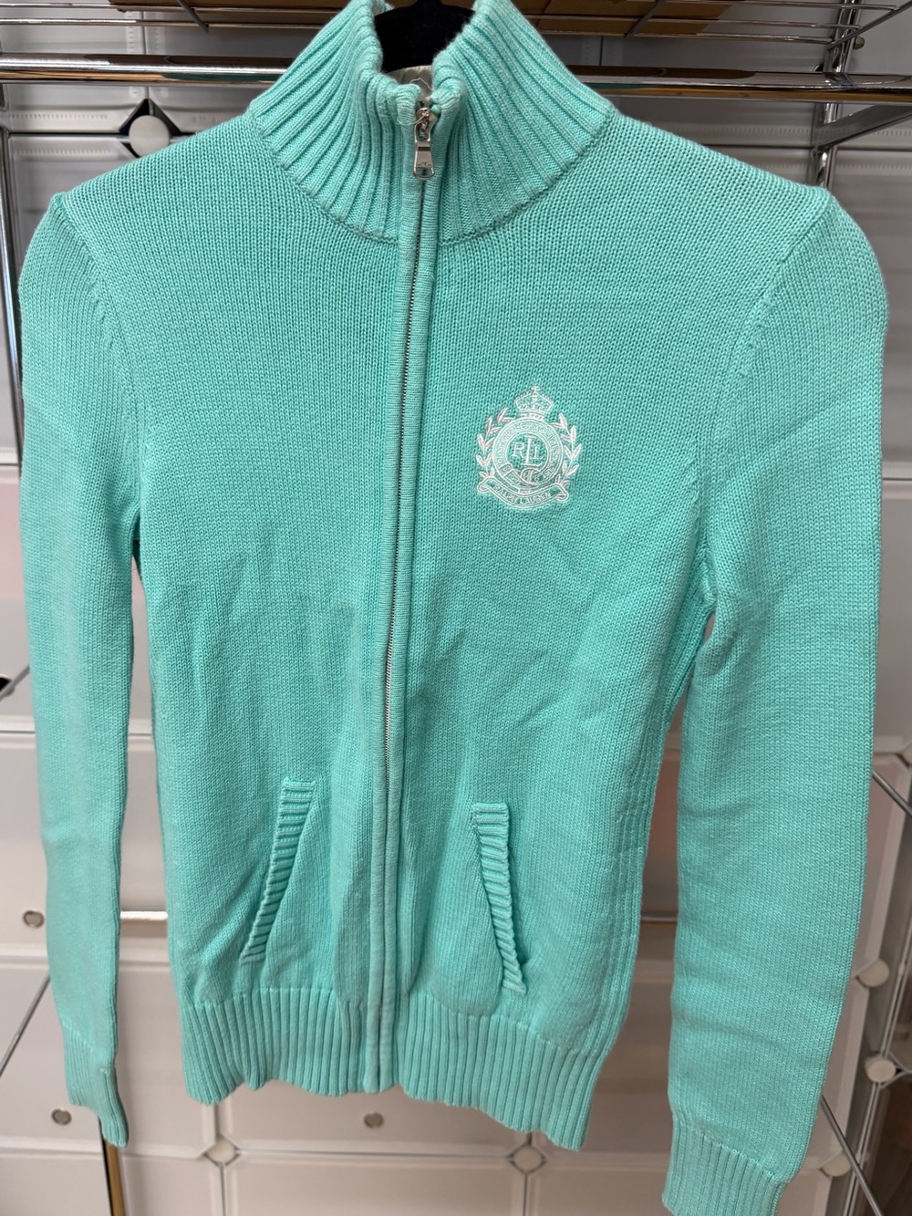 Ralph Lauren Light Bluish/Mint Green Zip-Up Knit Sweater with Crest